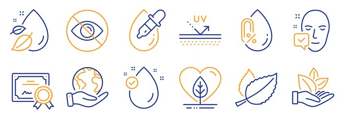 Set of Healthcare icons, such as Local grown, Face accepted. Certificate, save planet. Uv protection, Not looking, Mint leaves. Organic product, Water drop, No alcohol. Vector