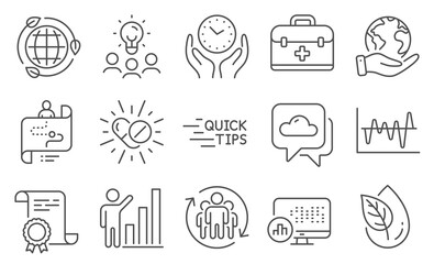 Set of Science icons, such as Teamwork, Graph chart. Diploma, ideas, save planet. Medical drugs, Stock analysis, Organic product. Weather forecast, Safe time, Eco energy. Vector