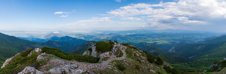 Fototapeta premium Panoramic photo of summer mountain of Tatra ridge, Slovakia, summer in the mountains. Travel and hike