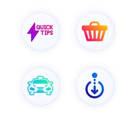 Quickstart guide, Taxi and Shop cart icons simple set. Button with halftone dots. Scroll down sign. Lightning symbol, Public transportation, Web buying. Swipe screen. Technology set. Vector