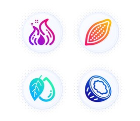 Fototapeta premium Cocoa nut, Mineral oil and Fire energy icons simple set. Button with halftone dots. Coconut sign. Vegetarian food, Organic tested, Flame. Vegetarian nut. Nature set. Vector