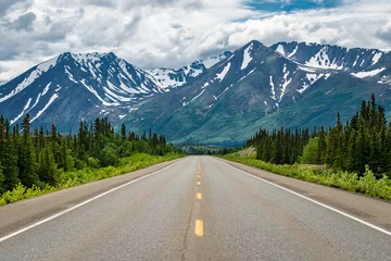 Fotobehang Denali Weg kronkelend door de wildernis van Alaska in de zomer omringd door bergen
