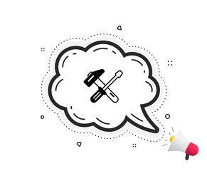 Hammer and screwdriver icon. Quote speech bubble. Repair service sign. Fix instruments symbol. Quotation marks. Classic hammer tool icon. Vector