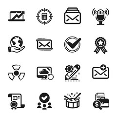 Set of Education icons, such as Messenger mail, Accounting report. Certificate, approved group, save planet. Chemical hazard, Mail, Recovery cloud. Drums, Calculator target, Microphone. Vector