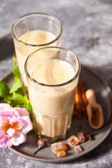 masala tea chai with milk and spices.