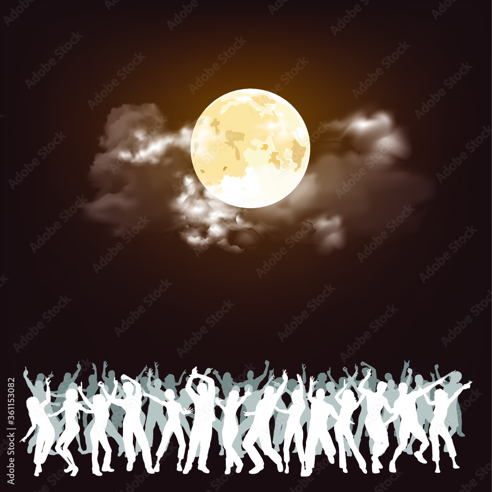 Wall mural people partying at an event under a stunning full moon with copy space for own text