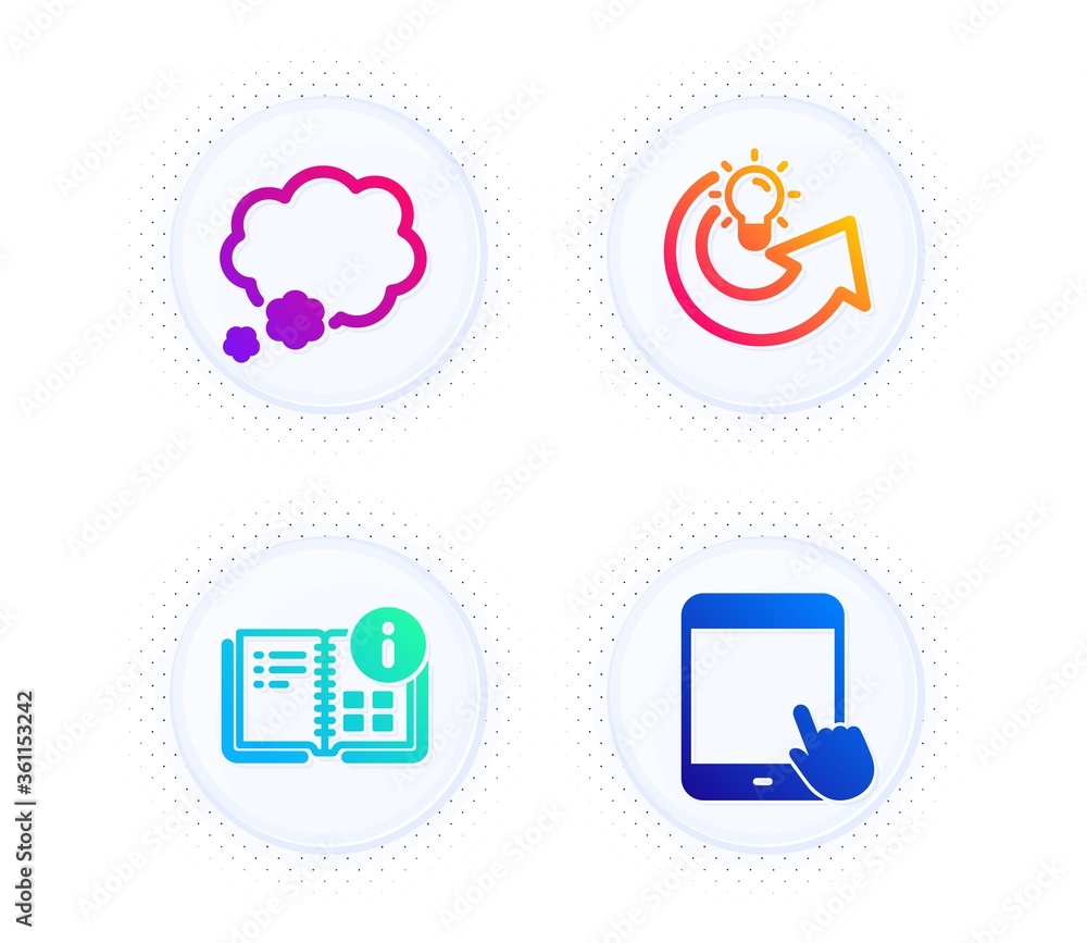 Poster talk bubble, share idea and instruction info icons simple set. button with halftone dots. tablet pc 