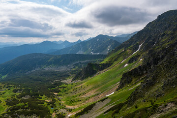 Fototapeta na wymiar Panoramic photo of summer mountain of Tatra ridge, Slovakia, summer in the mountains. Travel and hike