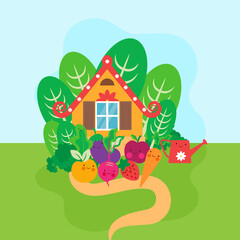 Obraz na płótnie Canvas Summer Farm house with vegetable garden in the countryside. Vector illustration, cartoon flat style. 