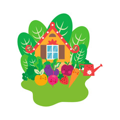 Summer Farm house with vegetable garden in the countryside. Vector illustration, cartoon flat style. 