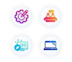 Web system, Settings gear and Employees talk icons simple set. Button with halftone dots. Laptop sign. Computer, Technology process, Collaboration. Science set. Gradient flat web system icon. Vector