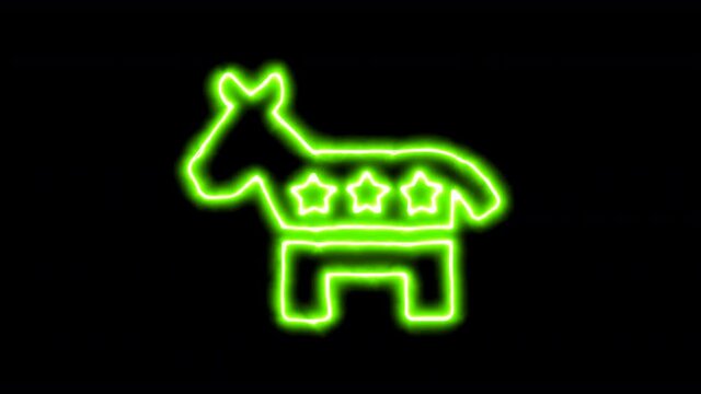 The appearance of the green neon symbol democrat. Flicker, In - Out. Alpha channel Premultiplied - Matted with color black