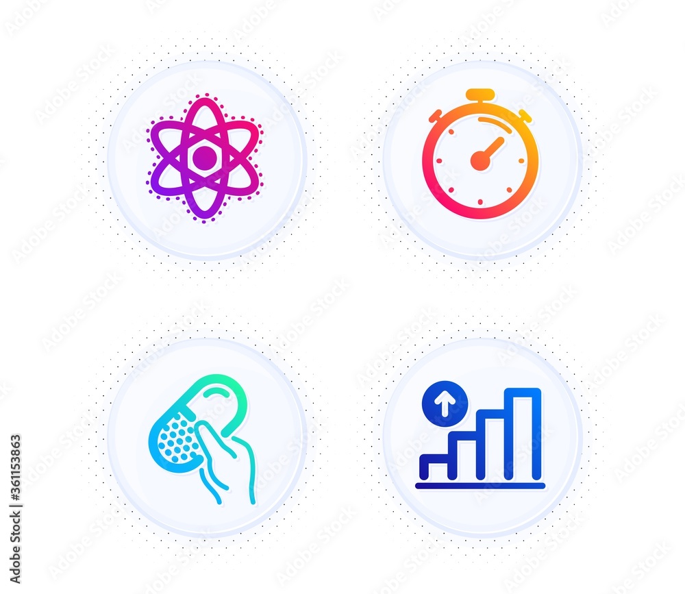 Poster capsule pill, timer and chemistry atom icons simple set. button with halftone dots. graph chart sign