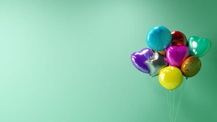 colorful party balloons in front of a light green mockup background wall, backdrop 3D concept illustration