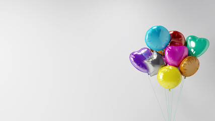colorful party balloons in front of a white mockup background wall, backdrop 3D concept illustration