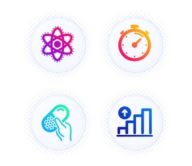 Capsule pill, Timer and Chemistry atom icons simple set. Button with halftone dots. Graph chart sign. Medicine drugs, Deadline management, Laboratory molecule. Growth report. Business set. Vector