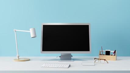 computer monitor black mockup screen on table next to lamp, glasses and organiser, pastel blue wall in the background, 3D concept backdrop illustration
