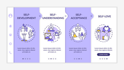 Psychological knowledge onboarding vector template. Self understanding. Personal growth through accepting. Responsive mobile website with icons. Webpage walkthrough step screens. RGB color concept