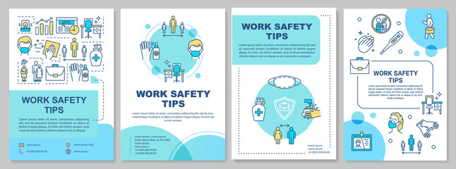 Work safety tips brochure template. Covid protection in workplace. Flyer, booklet, leaflet print, cover design with linear icons. Vector layouts for magazines, annual reports, advertising posters