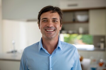 Obraz premium Close up of handsome happy man is smiling in camera after having a breakfast in a kitchen at home.