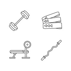 Bodybuilding linear icons set. Barbell, resistance bands, weight bench and curl bar customizable thin line contour symbols. Strength training. Isolated vector outline illustrations. Editable stroke