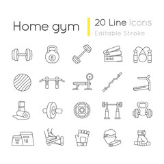Home gym equipment linear icons set. Strength training customizable thin line contour symbols. Professional gears for sport and indoor exercises. Isolated vector outline illustrations. Editable stroke