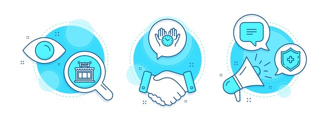 Text message, Shop and Safe time line icons set. Handshake deal, research and promotion complex icons. Medical shield sign. Chat bubble, Store, Hold clock. Medicine protection. Business set. Vector