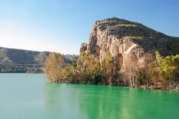 Obraz premium Beautiful lake with rock in Spain. Amazing journey.