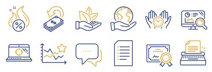 Set of Technology icons, such as Safe time, Seo laptop. Certificate, save planet. Message, Ranking stars, Typewriter. Cashback, Organic product, Document. Hot loan, Seo analytics line icons. Vector