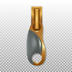 Gold color zip closure with plastic insert. Pendant for opening zippers on clothes. Isolated on a transparent background. 3D realistic vector illustration.