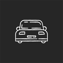 Auto chalk white icon on black background. Front view on car. Vehicle for transportation. Personal car. Clear windshield. Sedan for carsharing. Taxi service. Isolated vector chalkboard illustration