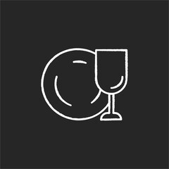 Tableware chalk white icon on black background. Clean dish and glass. Kitchen dinnerware. Empty cup. Clear glassware from dishwasher. Domestic tableware. Isolated vector chalkboard illustration