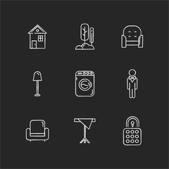 Home comfort chalk white icons set on black background. Suburban house. Real estate. Urban park. Public garden. Cozy armchair. Laundromat for washing clothes. Isolated vector chalkboard illustrations