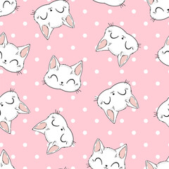 Cute cat on a pink background. Polkadot. Vector illustration. Print design for baby textiles, cute fabric.
