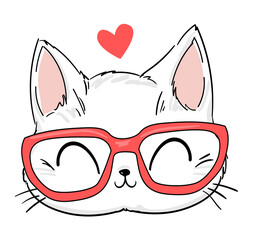 Hand Drawn Cute Cat with Glasses Sketch Vector Illustration, Print Design Cat, children print on t-shirt.
