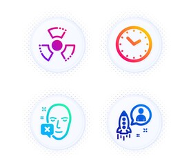 Face declined, Time and Chemical hazard icons simple set. Button with halftone dots. Startup sign. Identification error, Clock, Toxic. Developer. Science set. Gradient flat face declined icon. Vector