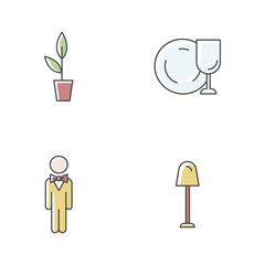 Restaurant RGB color icons set. Potted plant for cafe decoration. Clean tableware to serve food. Hotel manager. Concierge in suit. Floor lamp for lighting. Isolated vector illustrations