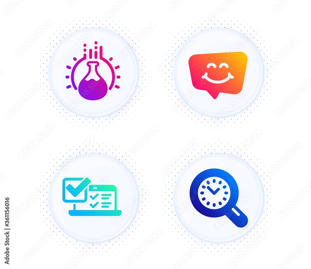 Poster smile chat, online survey and chemistry experiment icons simple set. button with halftone dots. time