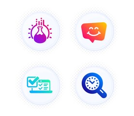 Smile chat, Online survey and Chemistry experiment icons simple set. Button with halftone dots. Time management sign. Happy face, Quiz test, Laboratory flask. Time analysis. Business set. Vector