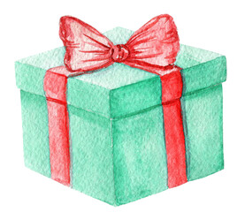 watercolor green gift box with red ribbon on white background, new year, christmas, birthday