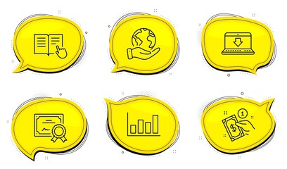 Payment method sign. Diploma certificate, save planet chat bubbles. Report diagram, Read instruction and Internet downloading line icons set. Financial market, Opened book, Load data. Vector