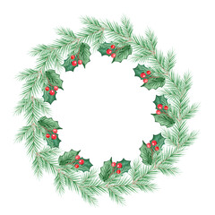 Fototapeta na wymiar watercolor christmas wreath on white background, xmas spruce holly round wreath