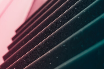 close up of blue and pink acousttic foam
