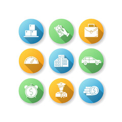 Loan money flat design long shadow glyph icons set. Cash for business. Investment in real estate. Banking service. Payout for work. Distribution and logistic. Silhouette RGB color illustration