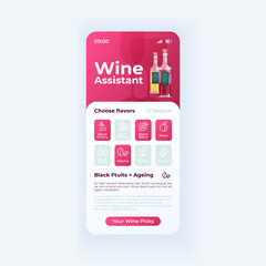 Wine assistant smartphone interface vector template. Mobile app page light theme design layout. Flat UI for application. Alcohol taste and flavors recommendations screen. Phone display