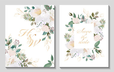 Wedding invitation with flowers, watercolor, isolated on white. Vector Watercolor.