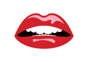 Sexy mouth with glossy red lipstick vector. Beauty red shiny lips icon isolated on a white background. Sexy red lips vector. Woman's open mouth with teeth icon