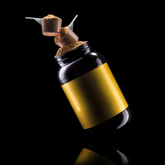 A scoop of chocolate protein powder drink in black plastic container isolated