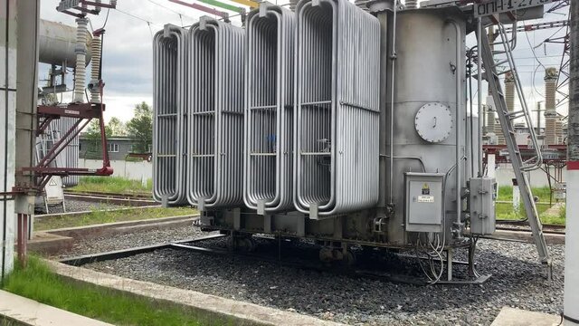 Power step-down transformers at an AC distribution substation