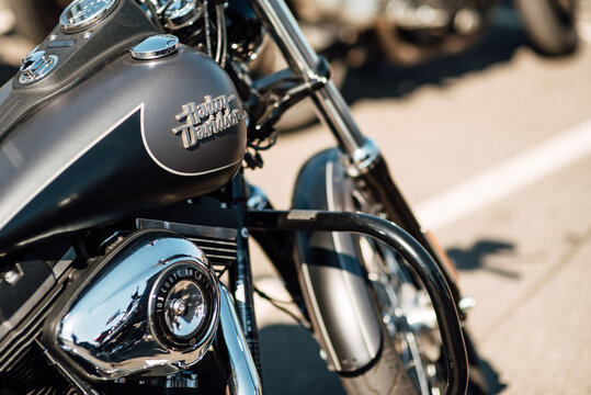 Shchomyslitsa, Belasus - April 13, 2019 . Emblem and engine of Harley Davidson. Motorcycle Harley Davidson
